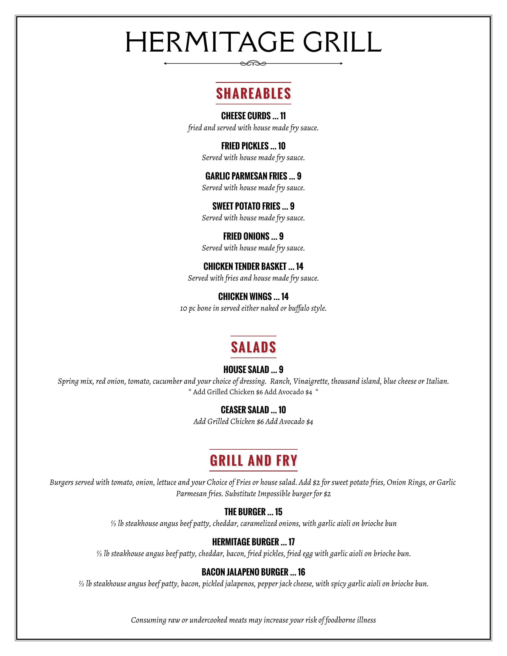 Hermitage Grill Menu